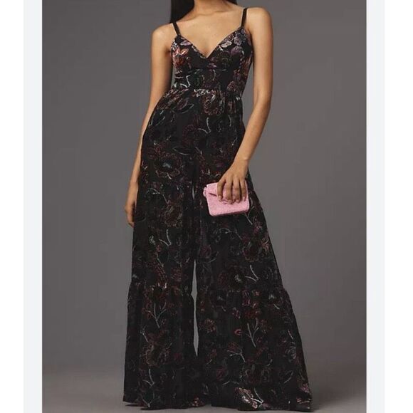 Hutch Boho Floral Textured Velvet Tiered Wide Flare Leg Jumpsuit NWT Size 4 - Picture 1 of 7